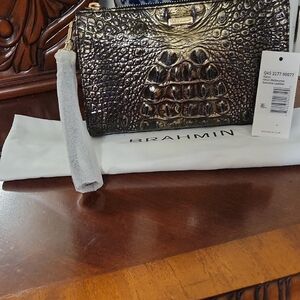 Brahmin Daisy In Onyx. Croc-Embossed Wristlet